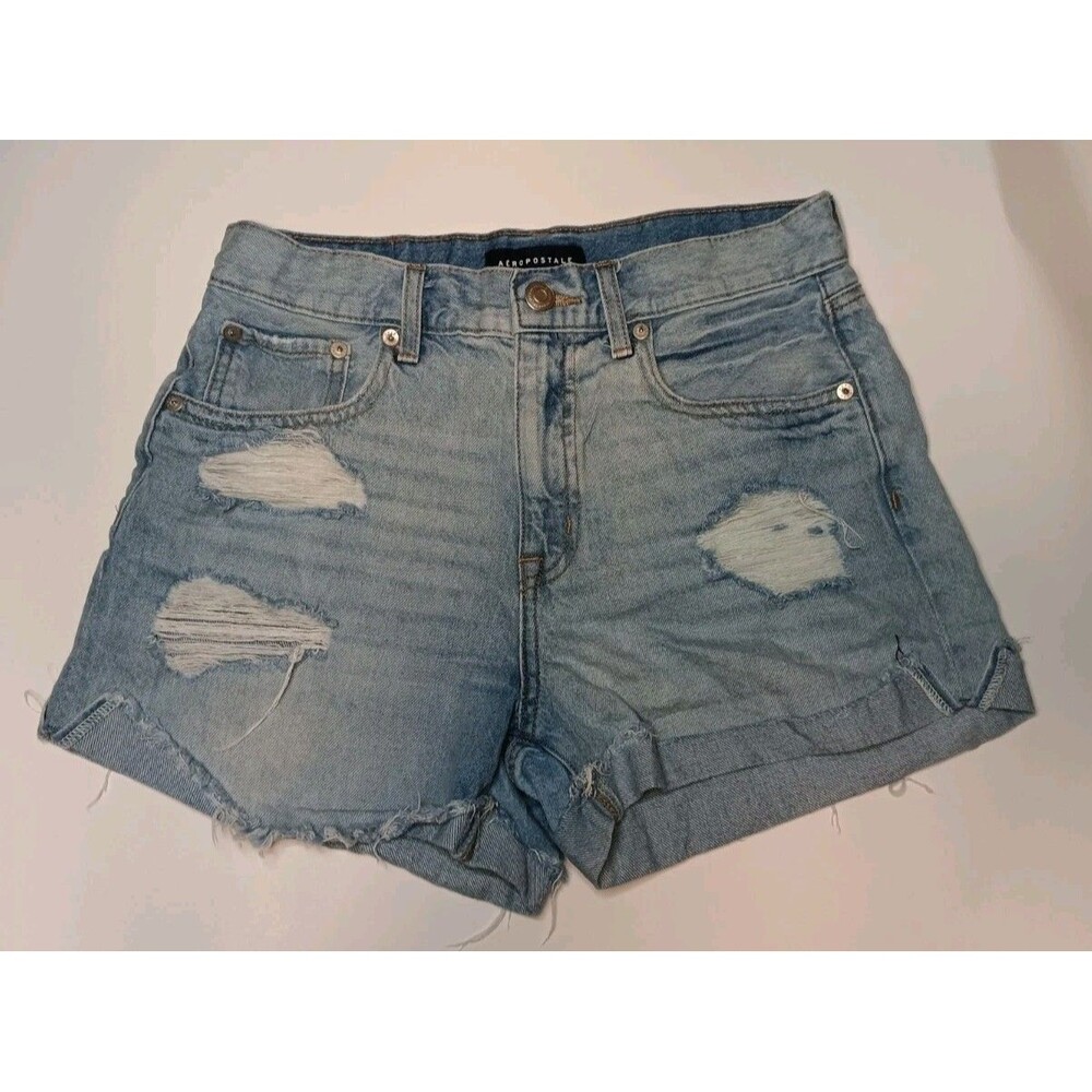 Aeropostale Women's Size 6 High Rise Light Wash Denim Distressed Mom Shorts